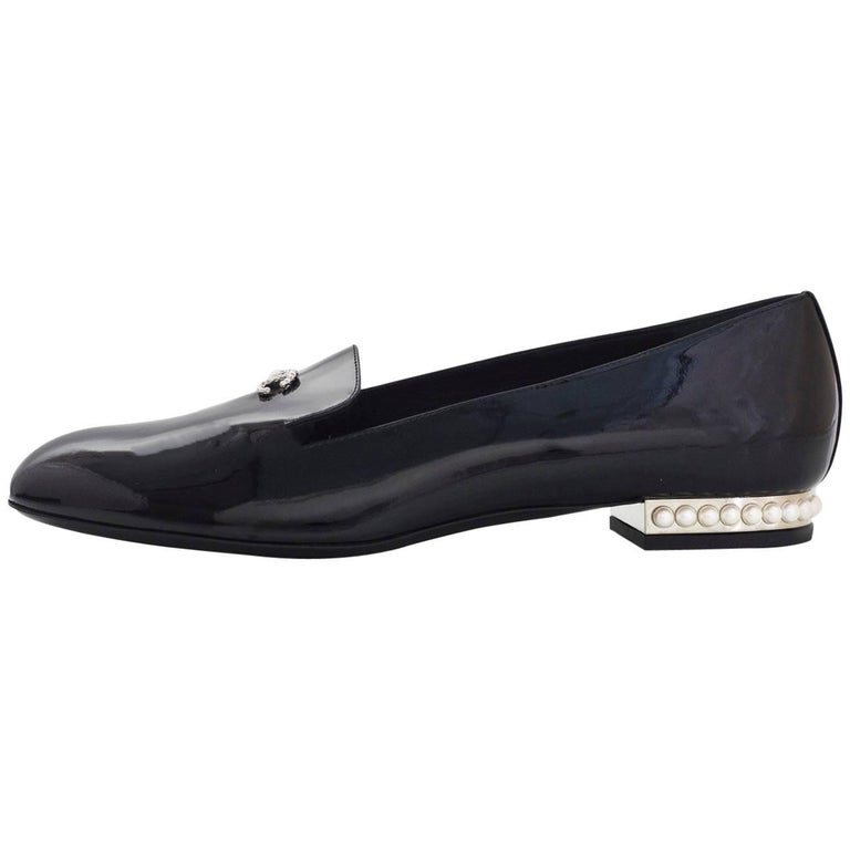 Chanel NEW 2017 Black Patent Leather CC Loafers w/ Pearl Heel Sz 39 For  Sale at 1stDibs
