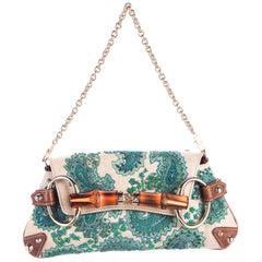 Gucci Embroidered Paisley Canvas Leather Horsebit Bamboo Detail Flap Bag Clutch 7