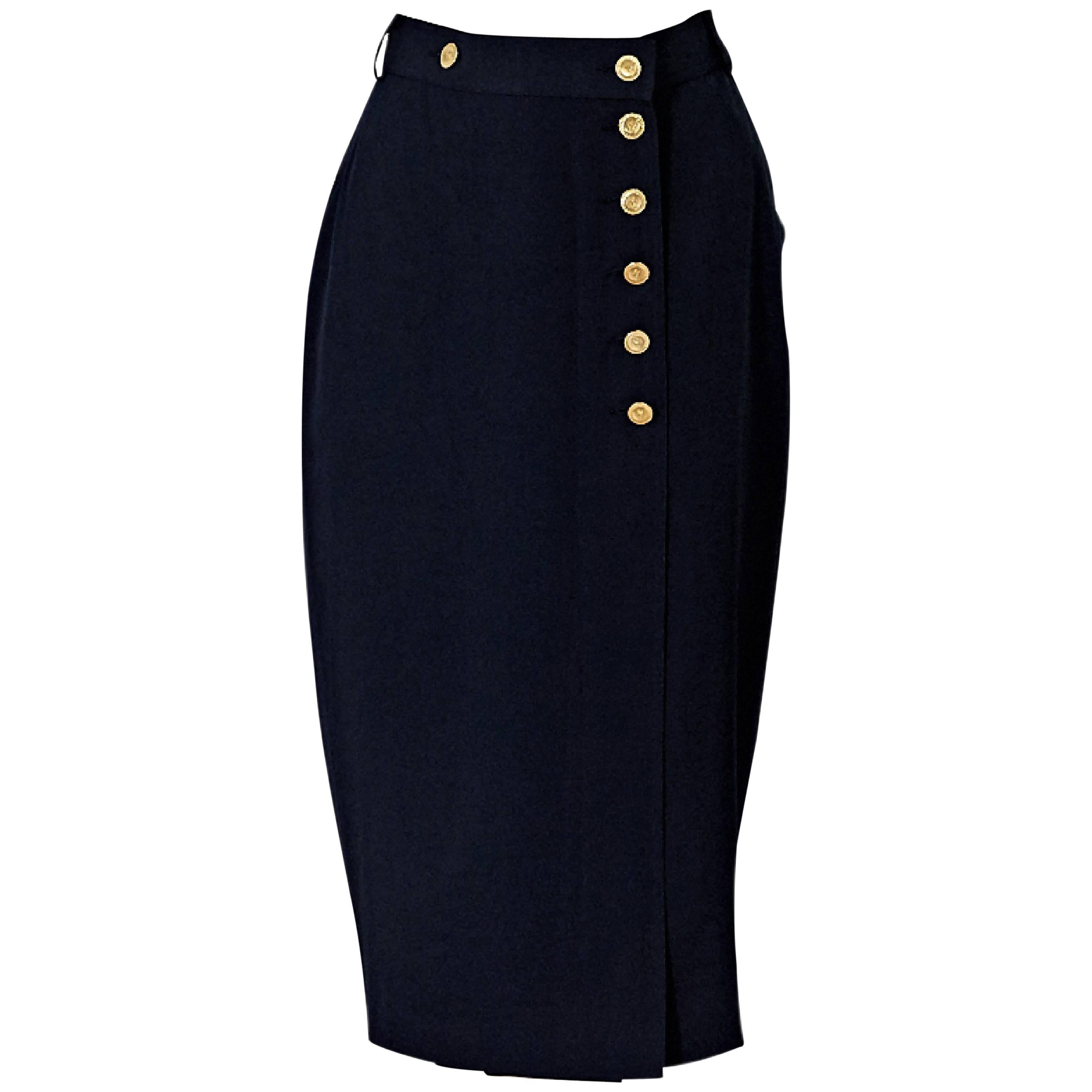 Navy Blue Chanel Silk Pencil Skirt