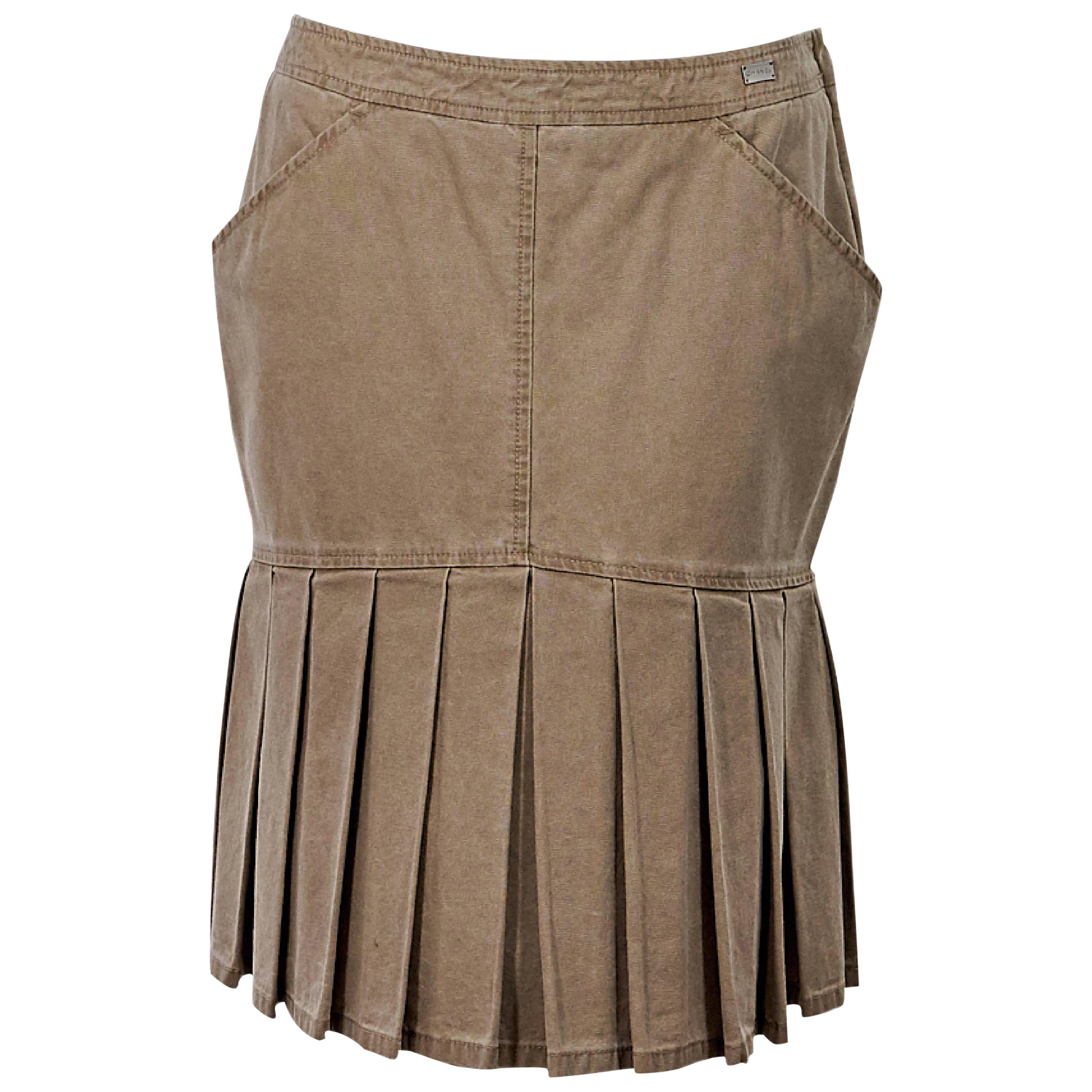 Tan Chanel Pleated Denim Skirt