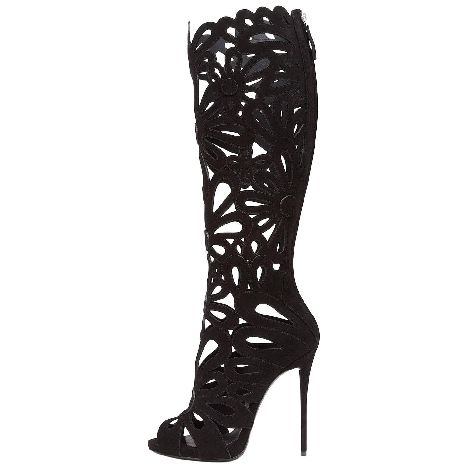 Giuseppe Zanotti New Sold Out Black Suede Lattice Cut Out Heels Boots in Box