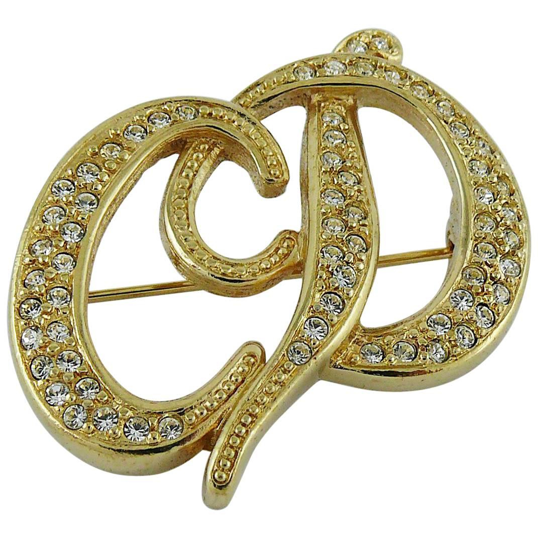 Christian Dior Vintage Jewelled Logo Brooch For Sale