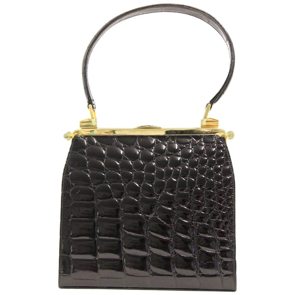 2000s Dotti Black Crocodile Leather Handbag