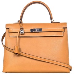 Hermes Camel Textured Leather Sellier Rigid 35cm Kelly Bag w/ Strap