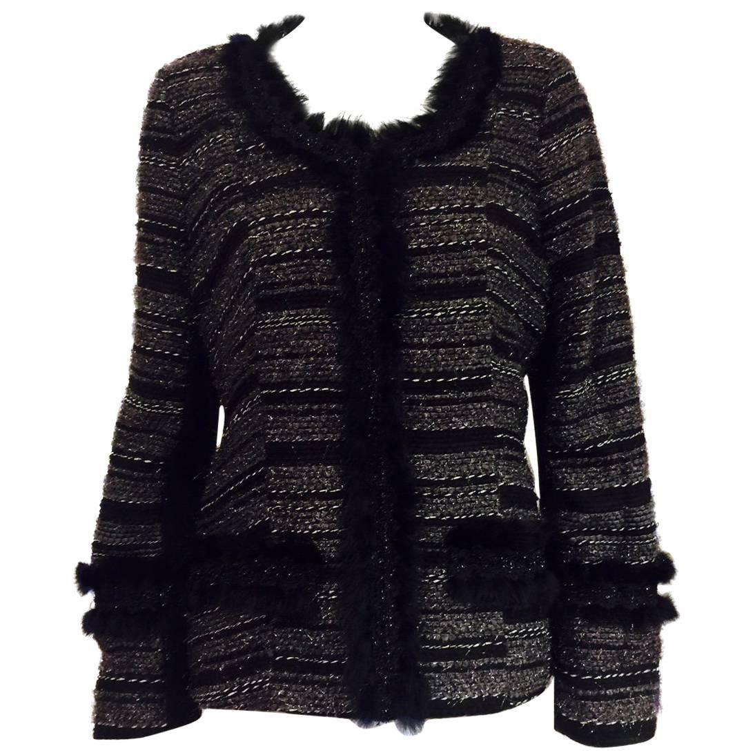 Neiman Marcus Black & Grey Boucle Jacket with Metallic Threads Overall For Sale