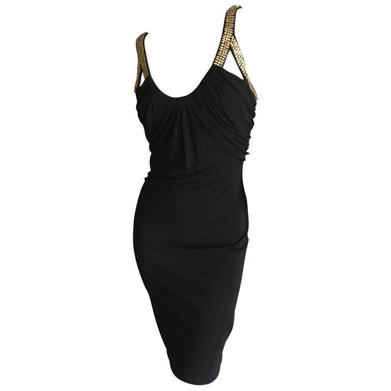 Versace Vintage Black Cocktail Dress with Gold Studded Accents For Sale ...