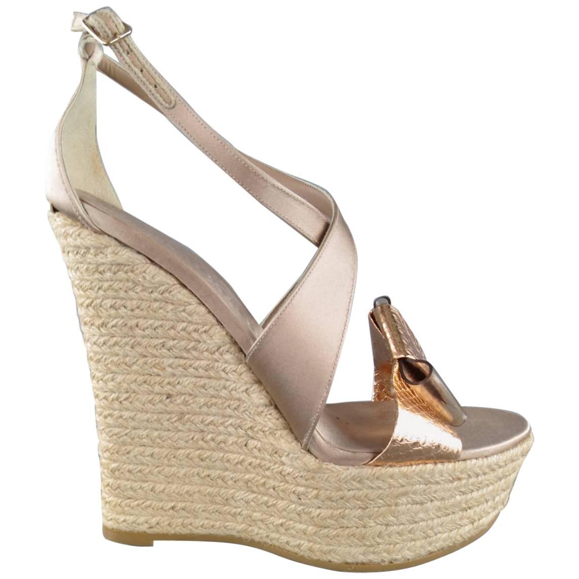 BURBERRY PRORSUM Size 9 Beige Silk Metallic Bow Espadrille Wedge Platforms