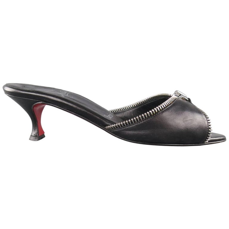 CHRISTIAN LOUBOUTIN Size 7.5 Black Leather Zipper Trim Kitten Heel Mules at 1stDibs louboutin