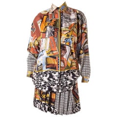 Gianni Versace Postcard Print Silk Shirt and Pleated Skirt