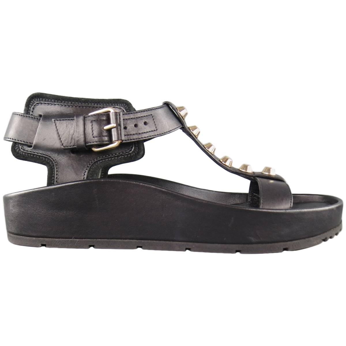 BALENCIAGA Size 7 Black Leather Studded T Strap Flat Sandals