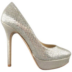 JIMMY CHOO Size 7.5 Silver Metallic Glitter Mesh Platform 'I DO' Pumps