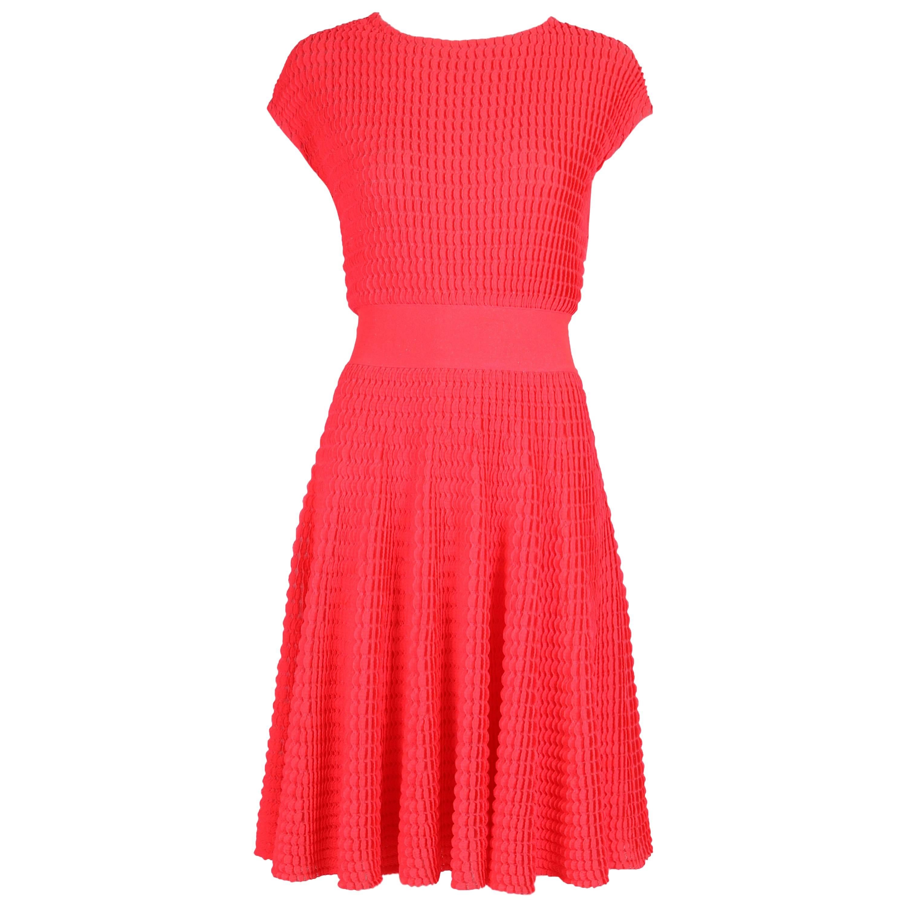 2013 Christian Dior by Raf Simons Neon Pink Textured Stretch Cocktail Day Dress