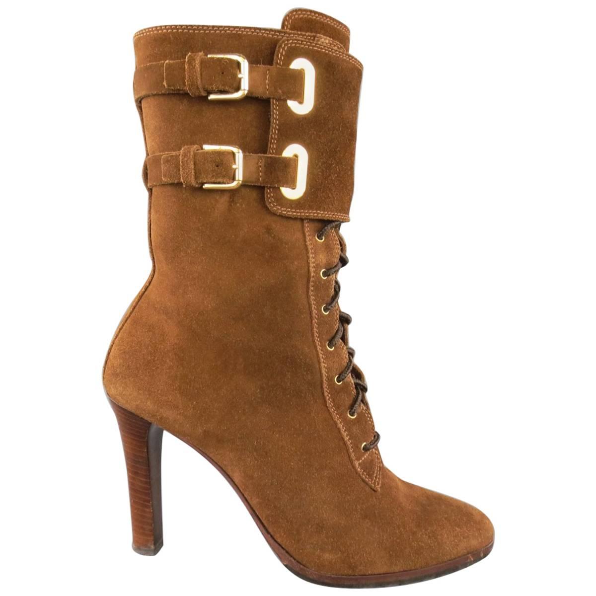 RALPH LAUREN COLLECTION Size 7.5 Brown Suede Lace Up Heeled Ankle Boots