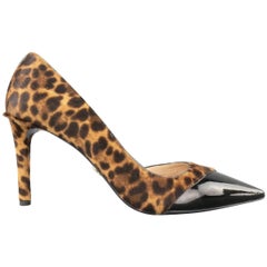 PRADA Size 7.5 Brown Leopard Pony Hair Black Patent Toe Cap D'Orsay Pumps 8