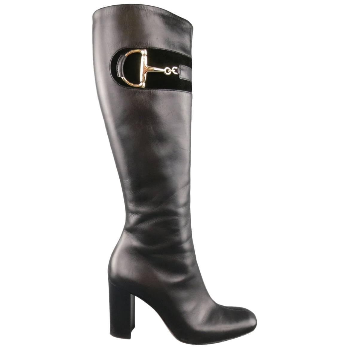 GUCCI Size 8 Black Leather Knee High Gold Horsebit Boots