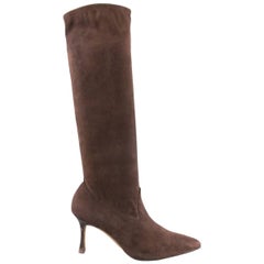 MANOLO BLAHNIK Size 8 Brown Suede Pointed Toe Knee High Boots 11