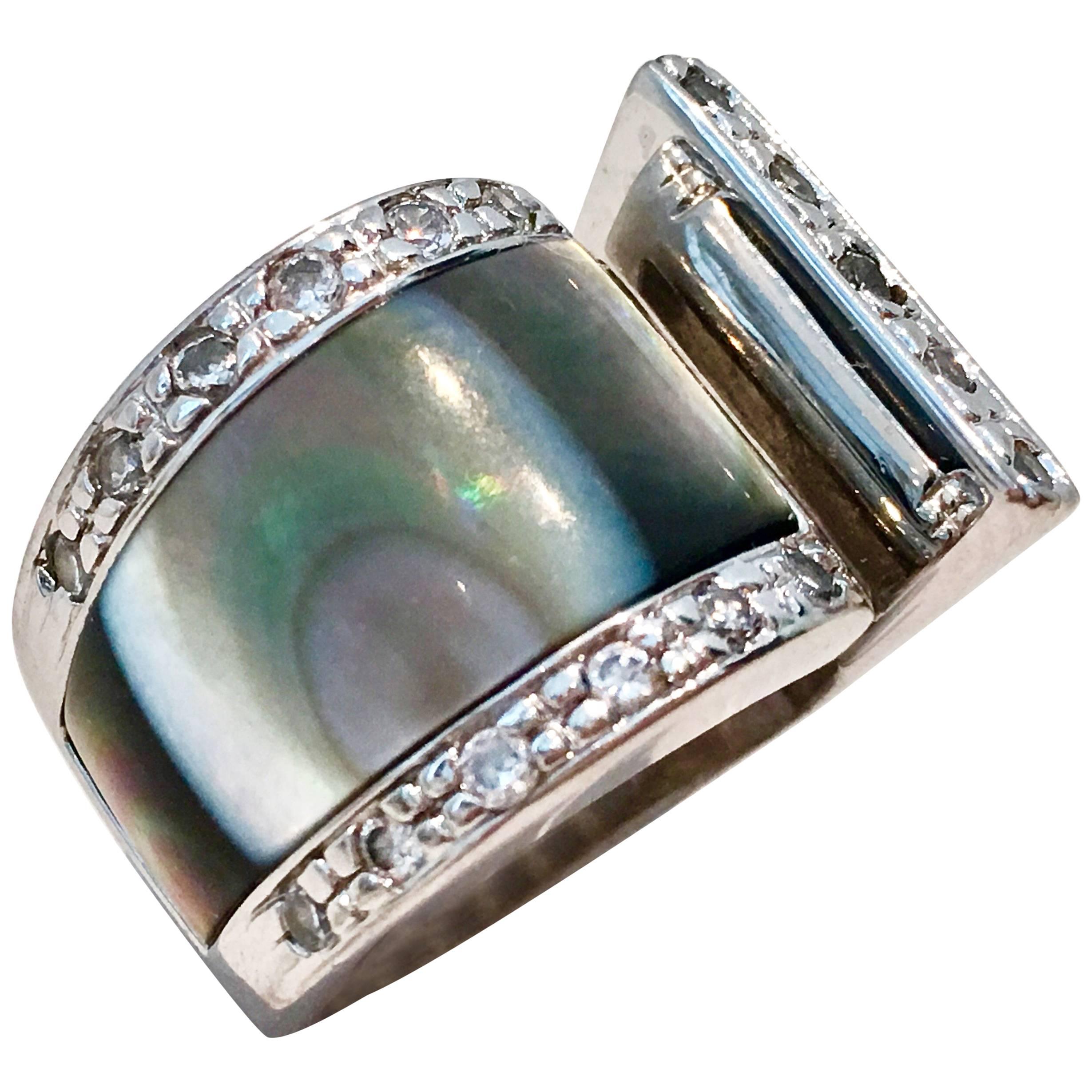 Vintage Modernist Sterling Silver, Crystal & Abalone Shell Ring
