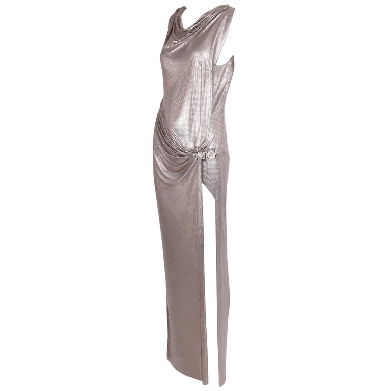Gianni Versace Couture Oroton Silver Chainmail Gown w/Thigh-High Slit 1998  S/S at 1stDibs