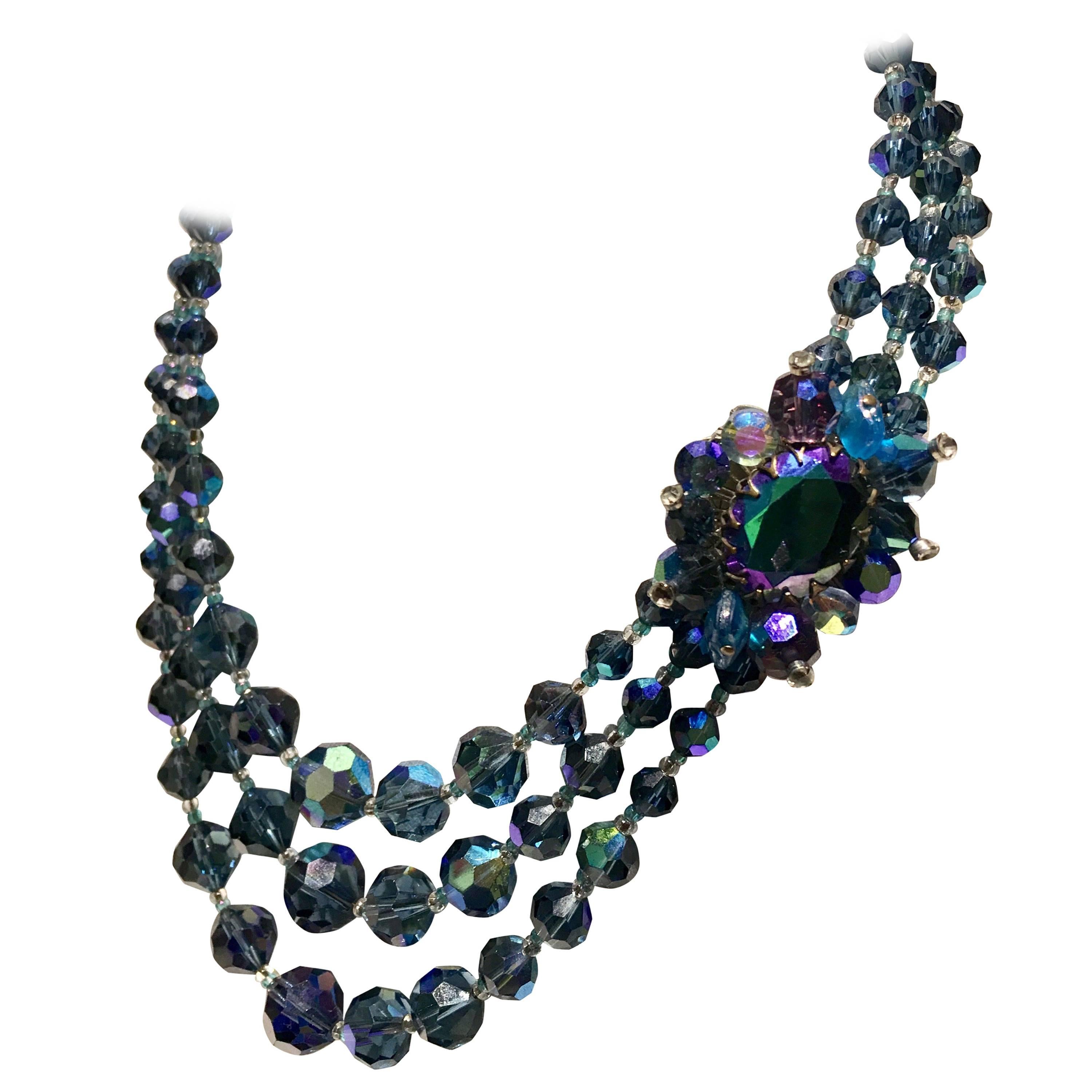 1950'S Triple Strand Peacock Blue Faceted Art Glass Beaded Necklace