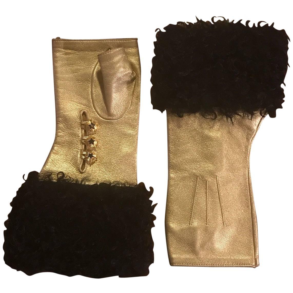 Chanel Gold Leather Fingerless Gloves with Black Shearling Trim, 2009 