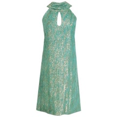 Vintage 1966 Christian Dior Haute-Couture Metallic Seafoam Velvet Cut-Out Mod Dress 