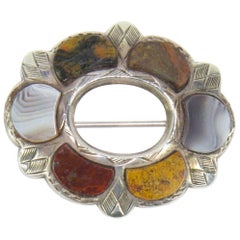 Antique Victorian Sterling Silver Scottish Agate Pebble Brooch Pin