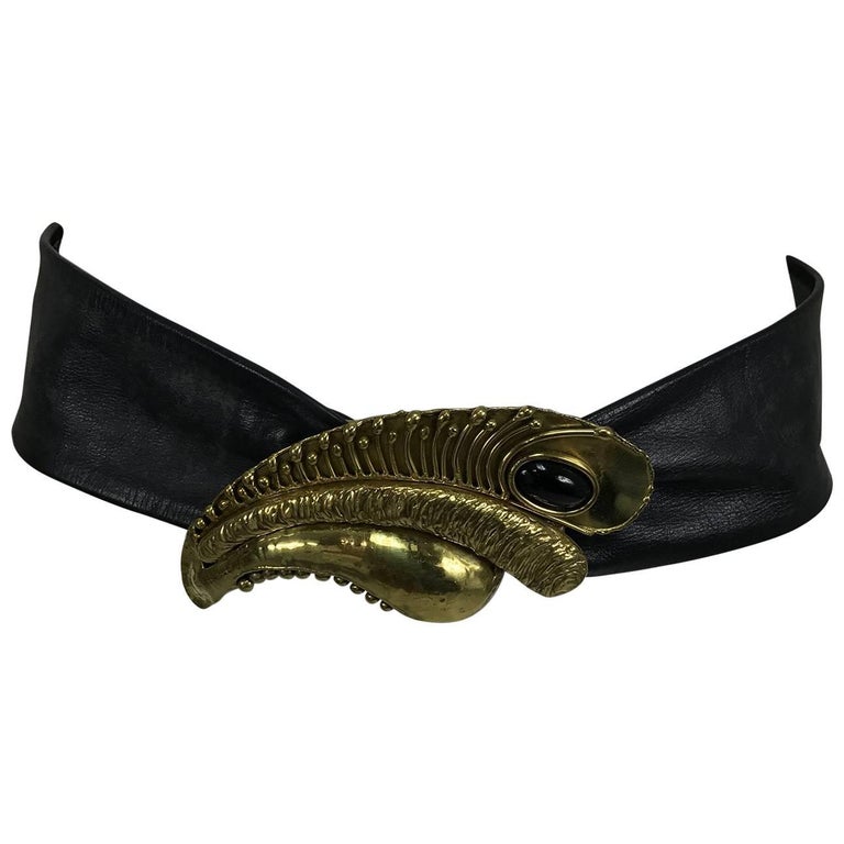 Vintage modernist brass and onyx belt buckle and leather  display picture 1