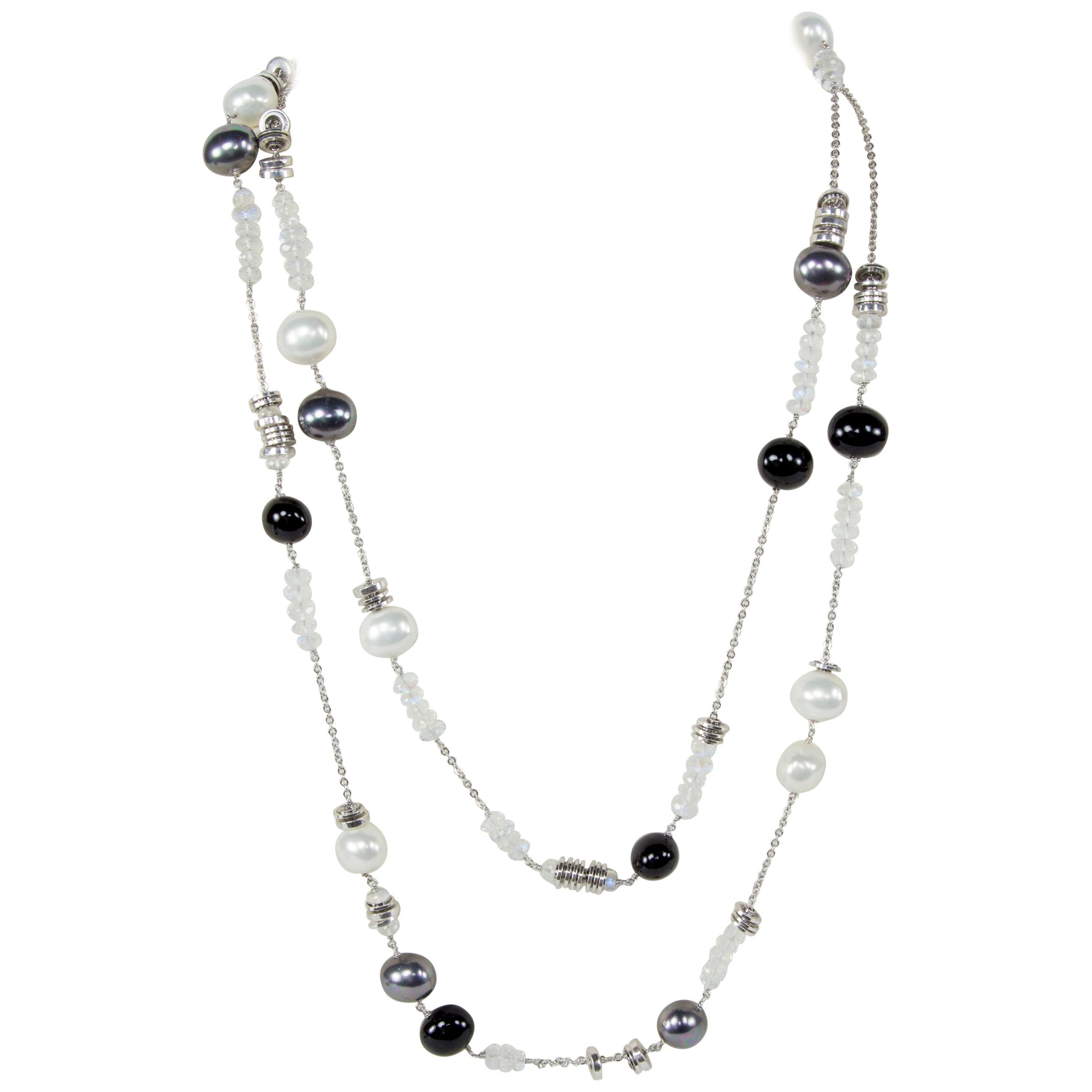 Faux Pearl Opalescent Crystal and Silver Beads Runway Necklace For Sale