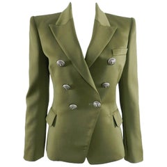 Balmain Olive Green Wool Blazer with Silver Lion Head Buttons