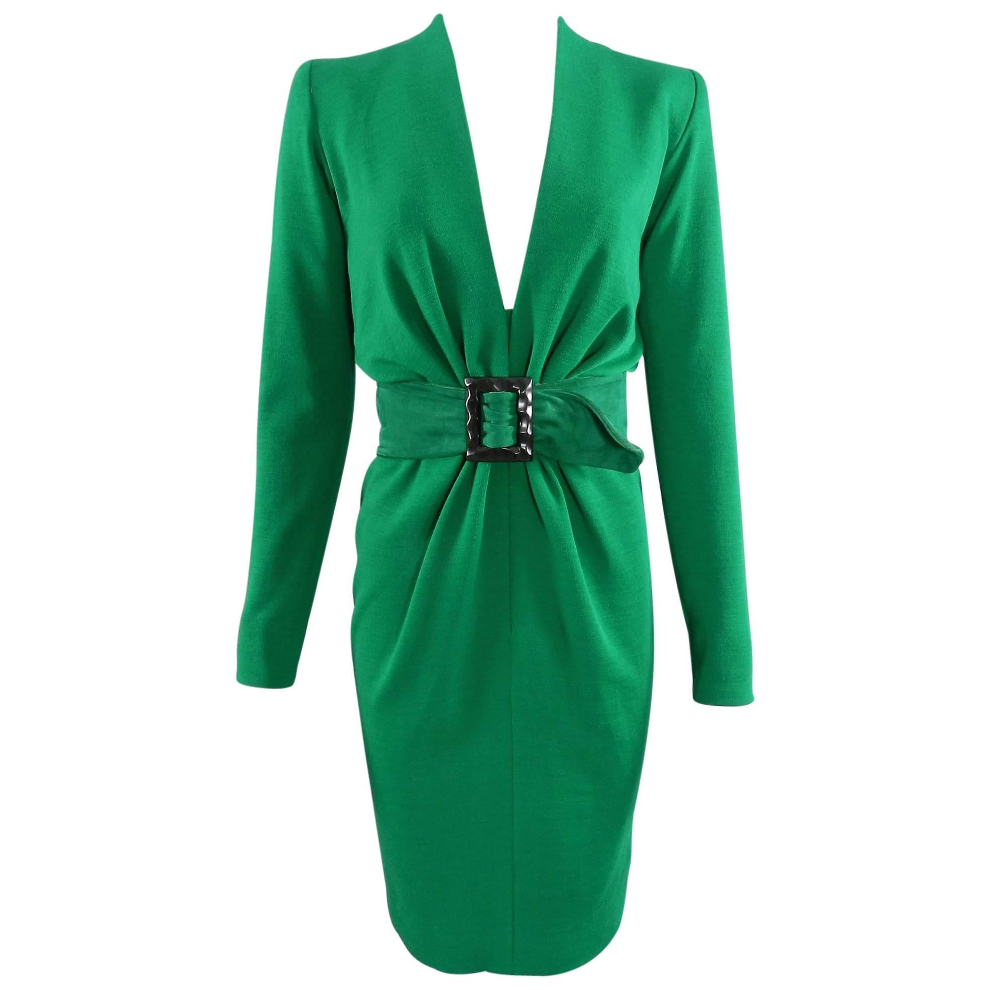 YSL Yves Saint Laurent Haute Couture Vintage 1990's Green Wool Knit Jersey Dress
