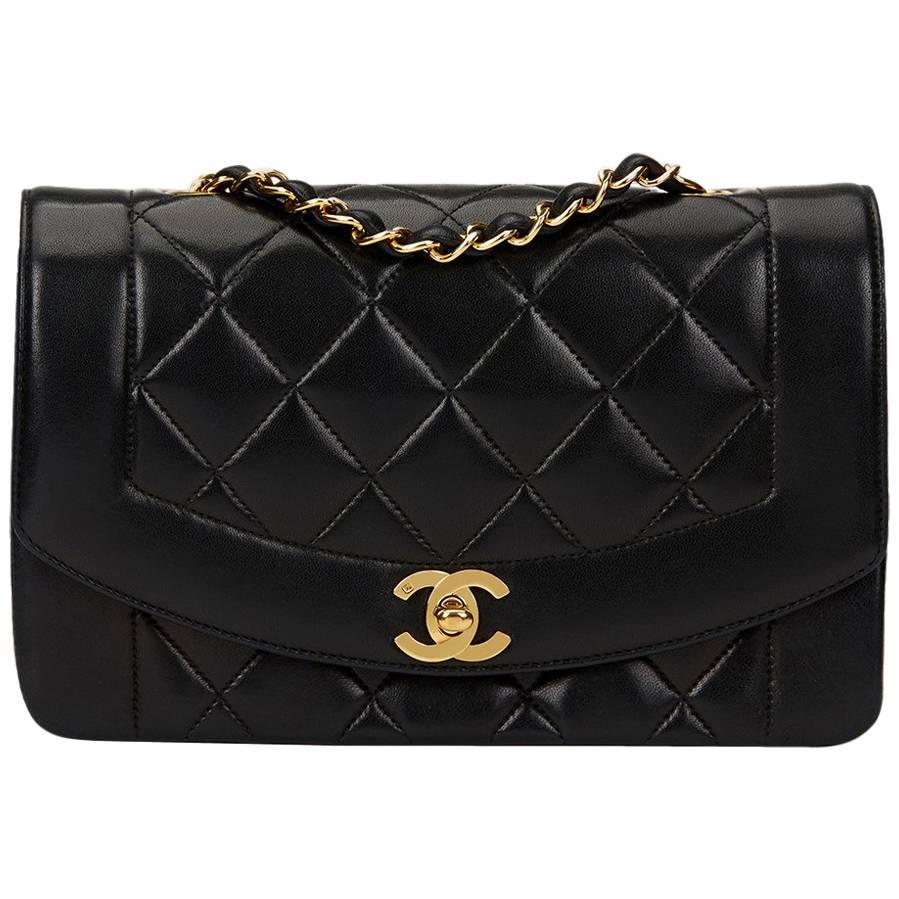 1990s Chanel Black Quilted Lambskin Vintage Small Diana Classic Double Flap Bag
