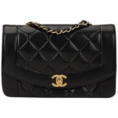 1990s Chanel Black Quilted Lambskin Retro Small Diana Classic Double Flap Bag