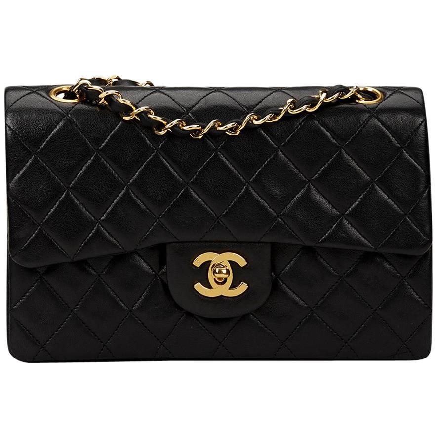 1980s Chanel Black Quilted Lambskin Vintage Small Classic Double Flap Bag