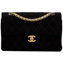 Retro 1990s Chanel Black Quilted Jersey Fabric Small Classic Classic Double Flap Bag