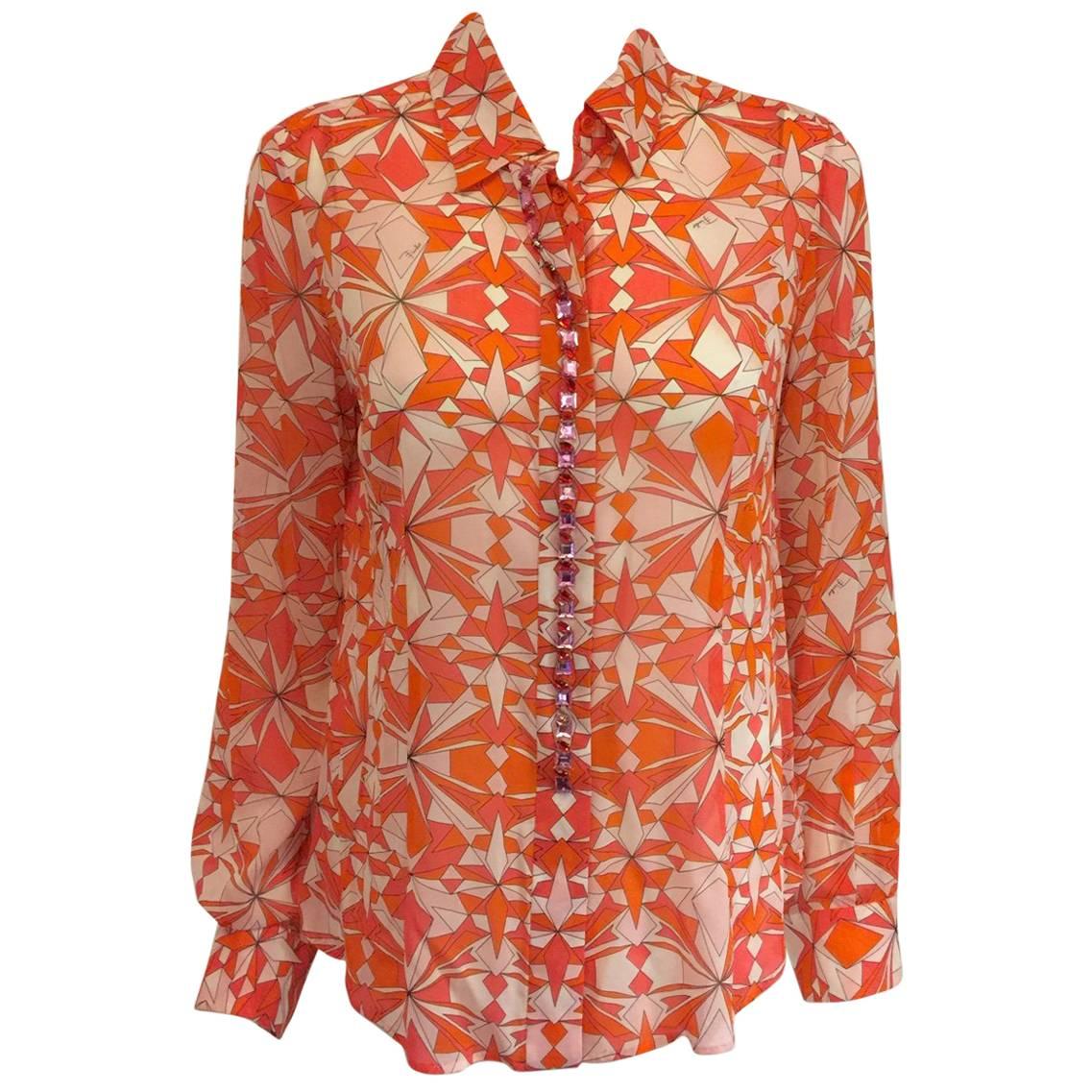 Elegant Emilio Pucci Sheer Silk Abstract Print Blouse With Oversize Rhinestones 