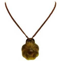 New Lalique Glass Palm Fronds Pendant Griselda Smokey Brown Necklace NIB 12