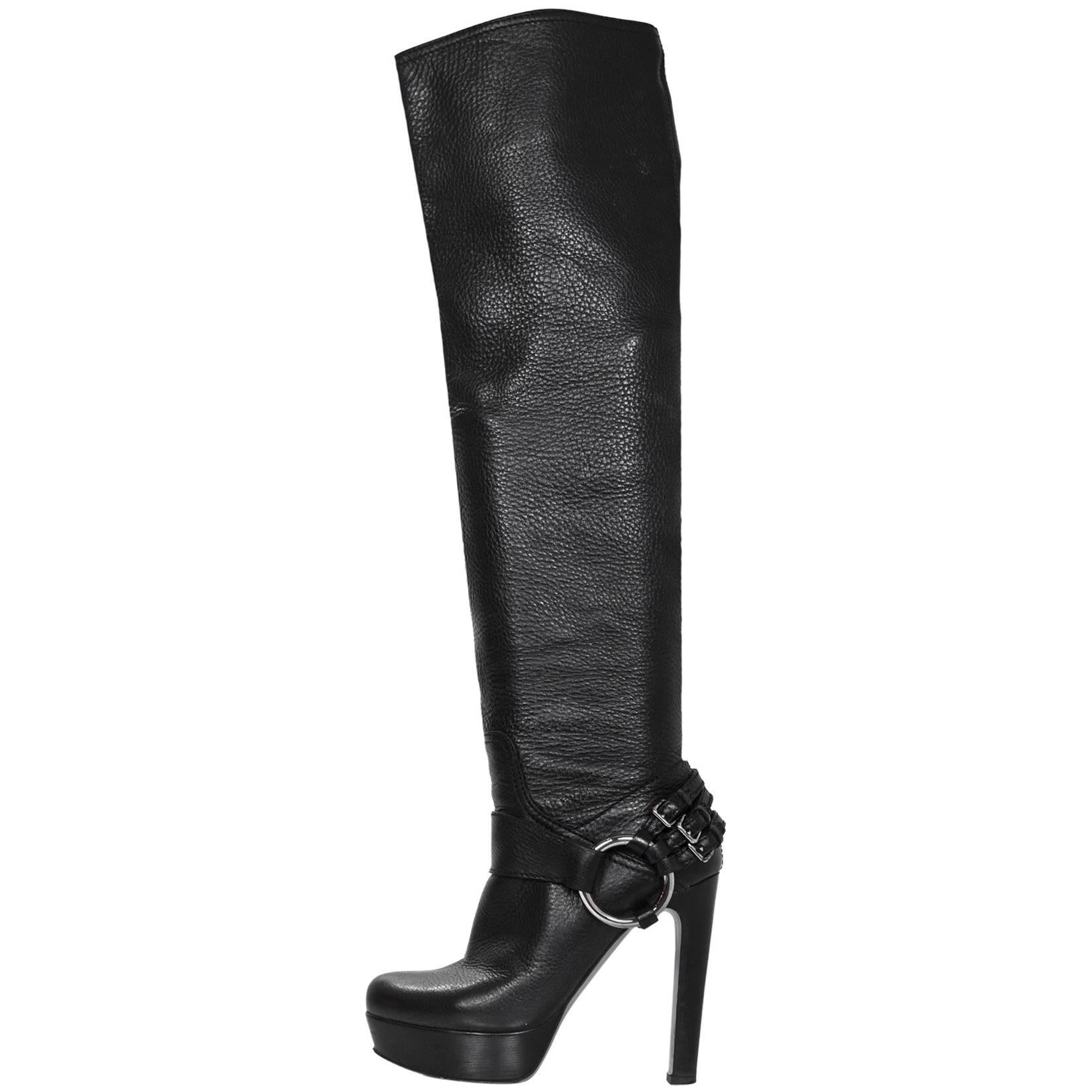 Miu Miu Black Leather Over The Knee Boots Sz 38 with Box and DB