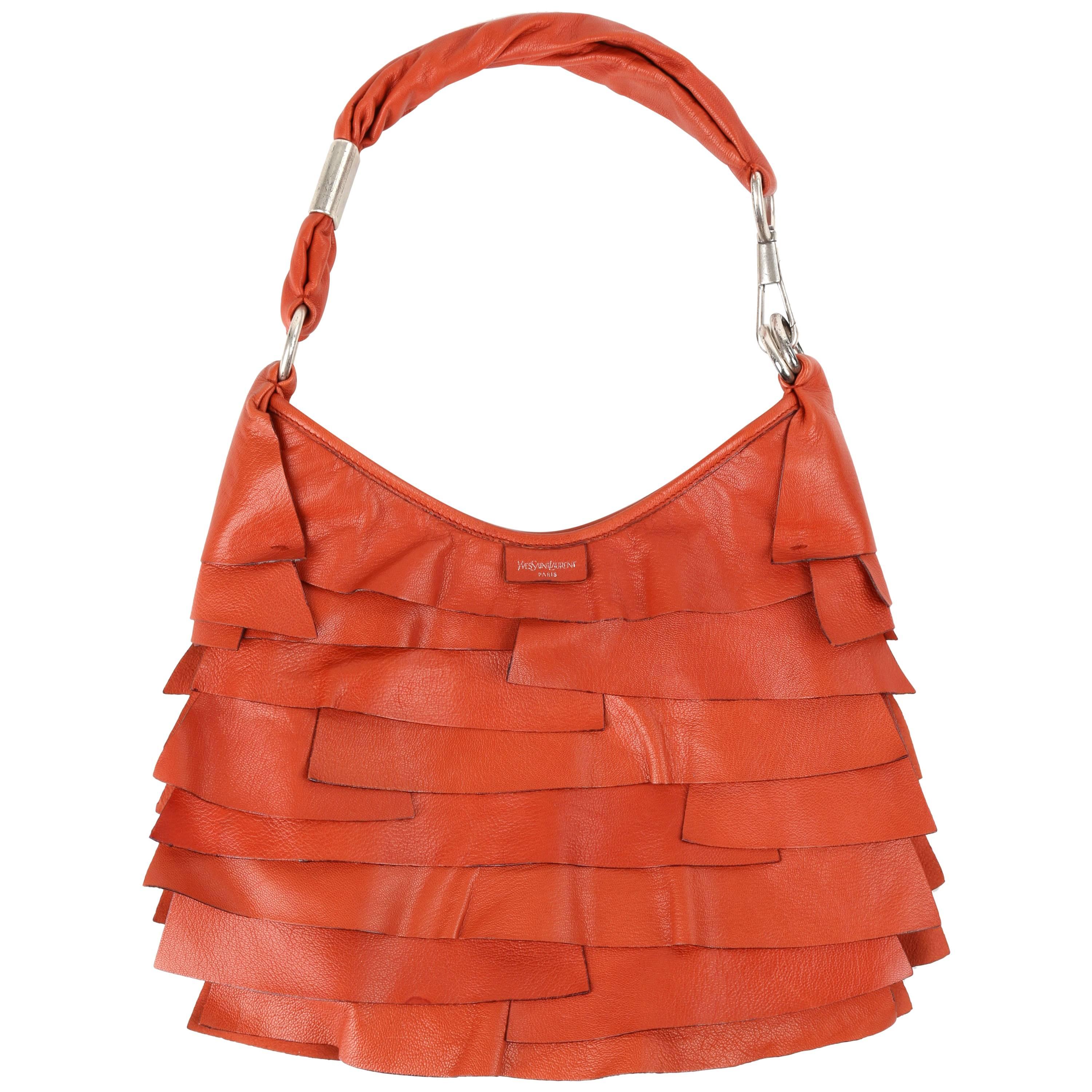 YVES SAINT LAURENT S/S 2004 "St Tropez" YSL Burnt Orange Leather Ruffle Hobo Bag