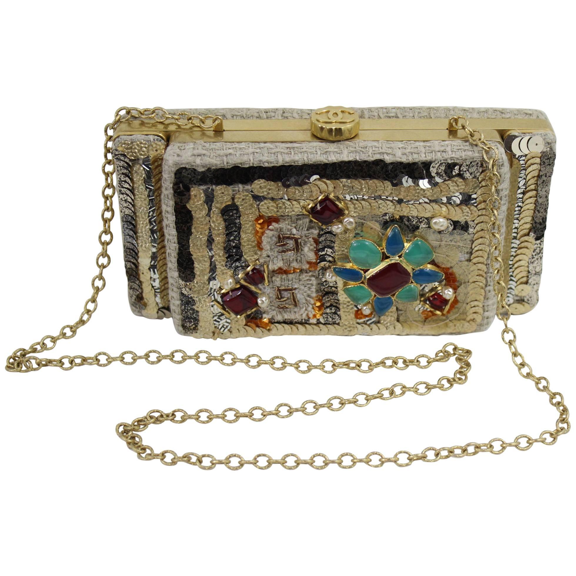 Unique Chanel Greek 2017 Cruise Collection Clutch with Gripoix style stones