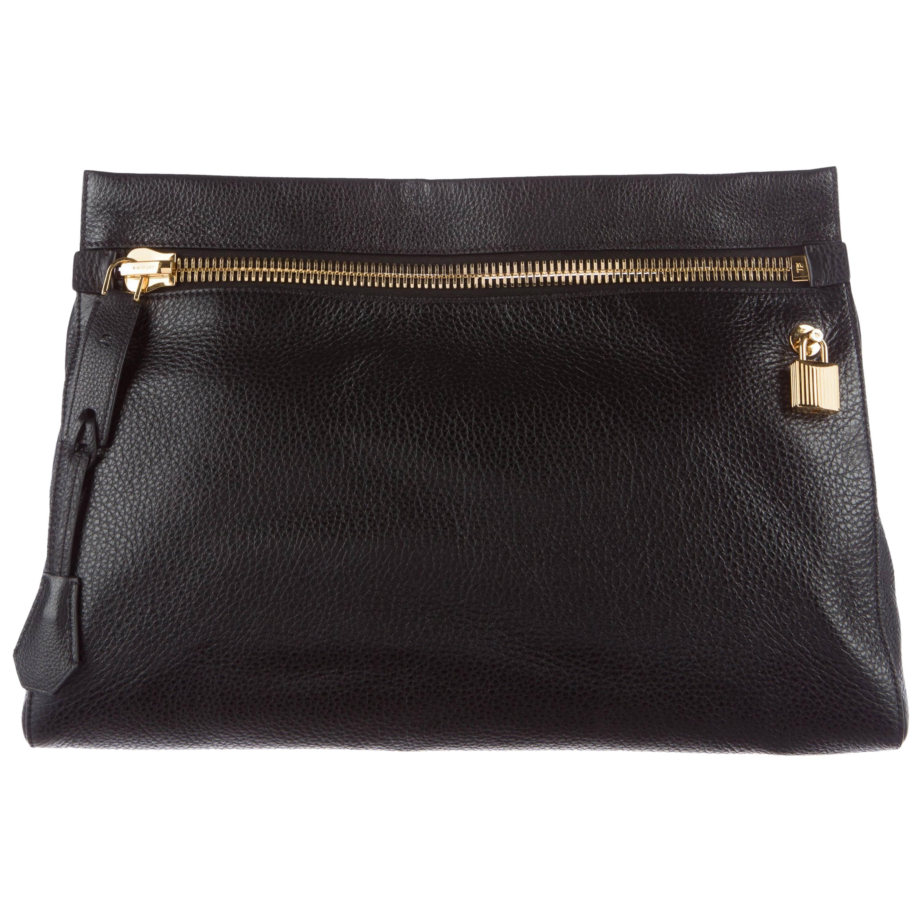 Tom Ford Black Leather Gold Zip Large Envelope Evening Clutch with Accessories