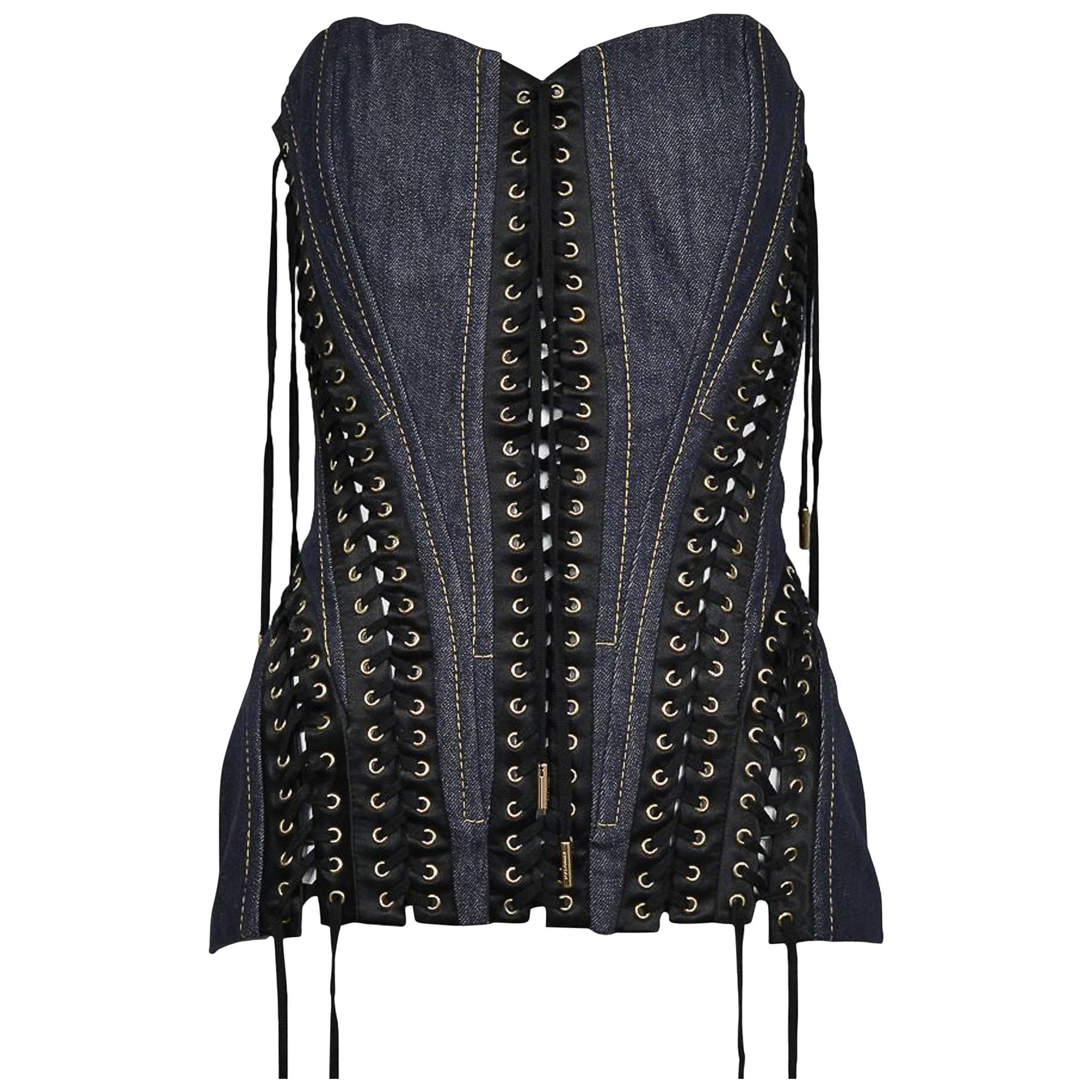 Dolce & Gabbana Dark Denim Corset Bustier Top with Black Laces 