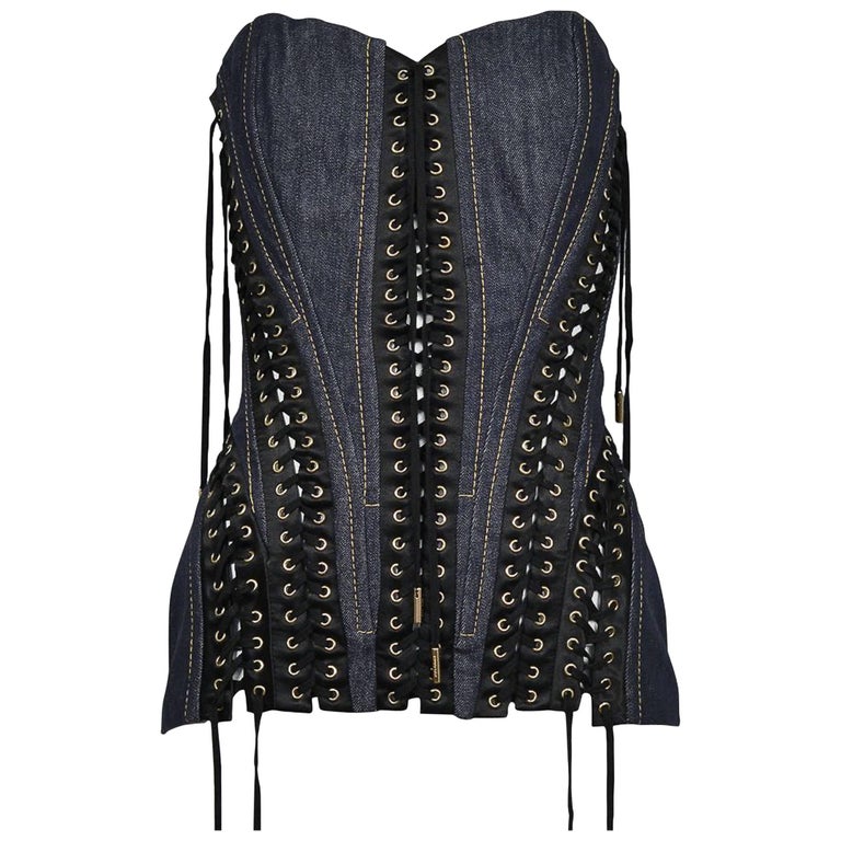 Dolce and Gabbana Dark Denim Corset Bustier Top with Black Laces at 1stDibs