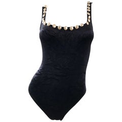 Vintage Moschino 1990s Black and White Velour Pearl Encrusted Bodysuit Swimsuit