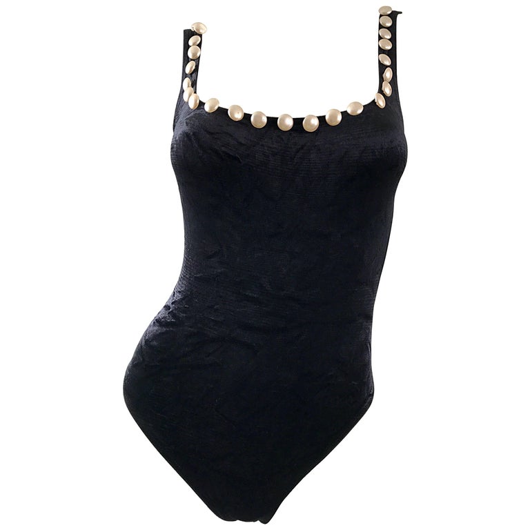 Vintage Moschino 1990s Black and White Velour Pearl Encrusted Bodysuit Swimsuit For Sale