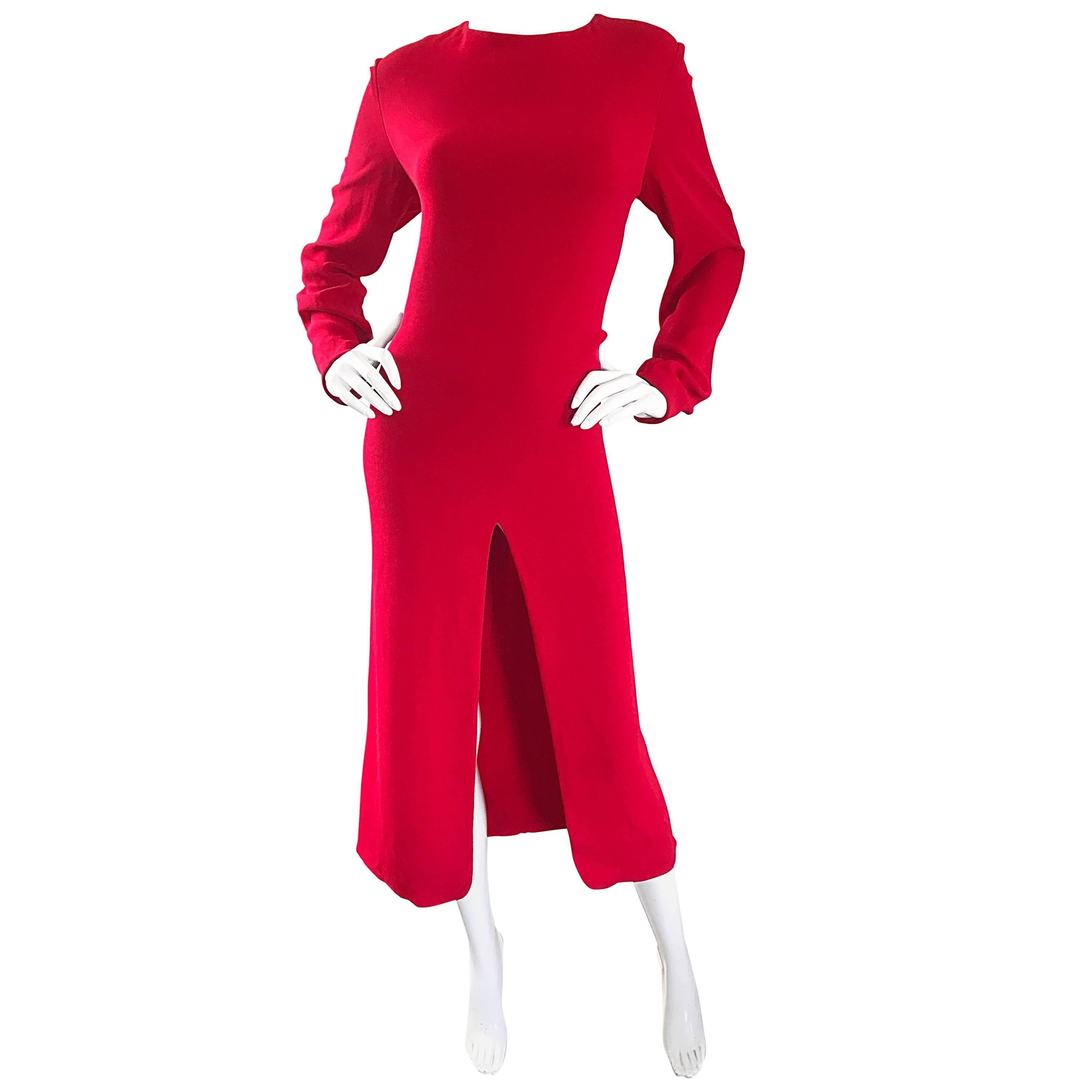 1990s Badgley Mischka Size 10 / 12 Lipstick Red Long Sleeve Evening Midi Dress For Sale