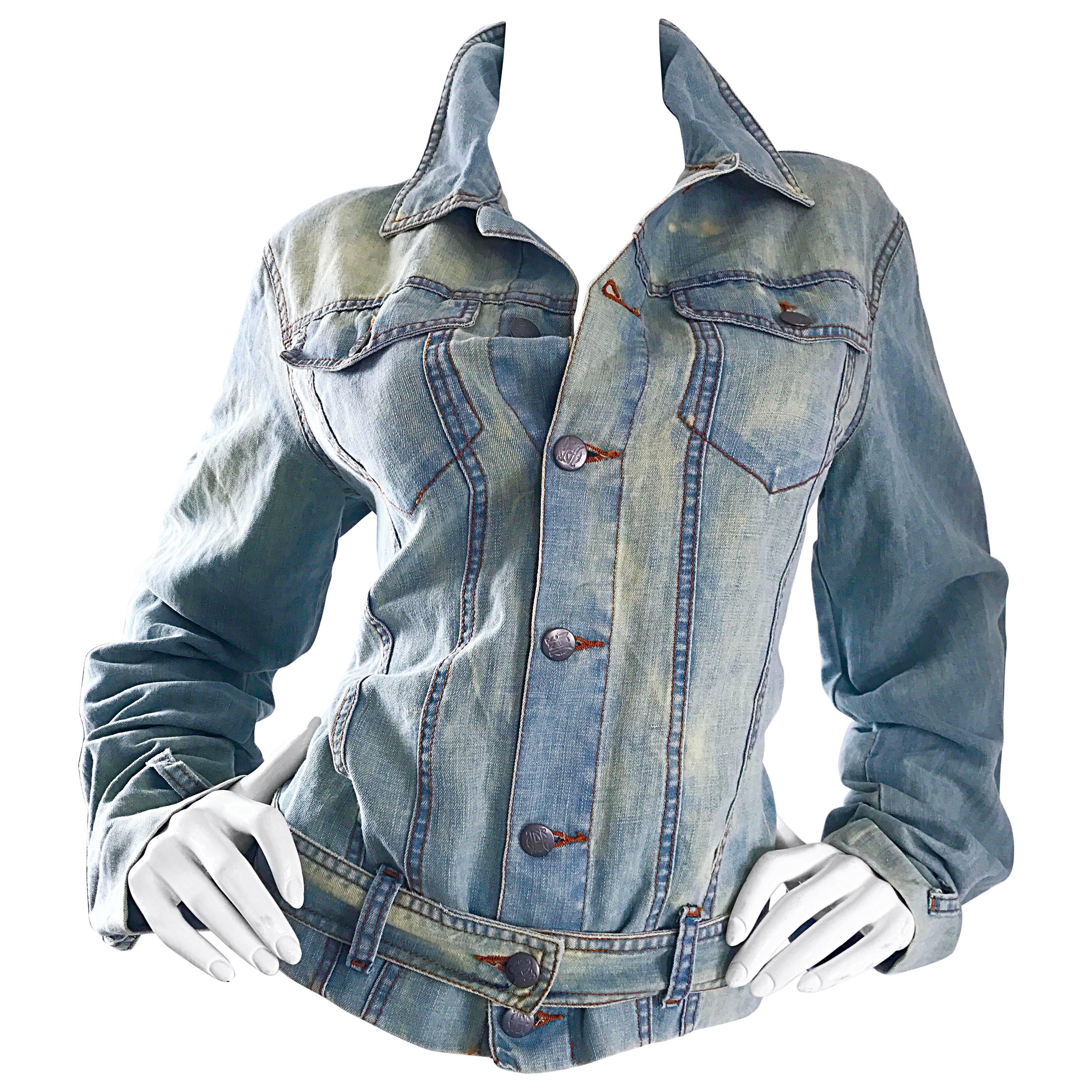 1990s Jean Paul Gaultier Stonewash Blue Jean Denim Vintage Belted 90s Jacket  For Sale