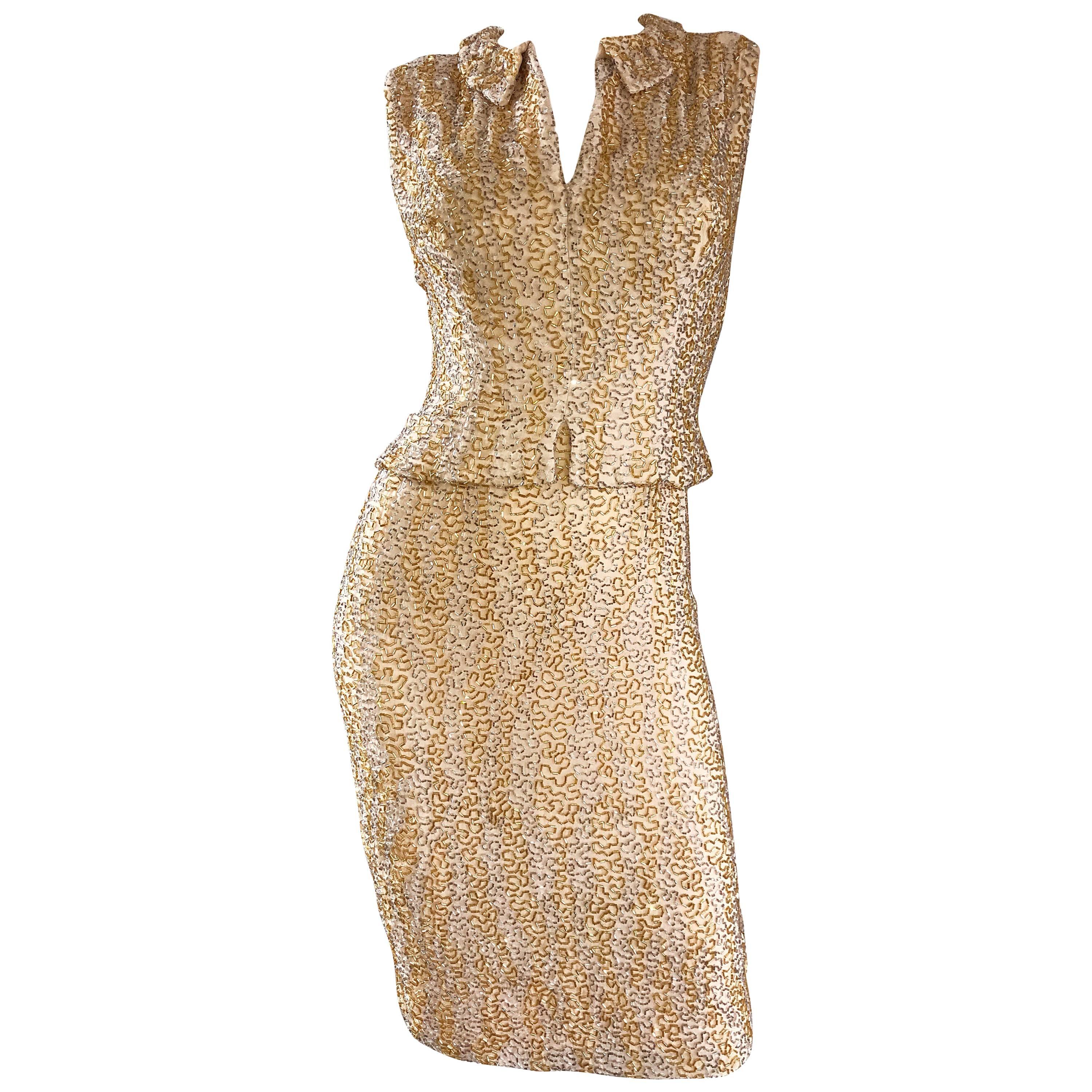 1950s Harvey Furst Demi Couture Gold + Silver Heavily Beaded Silk Chiffon Dress