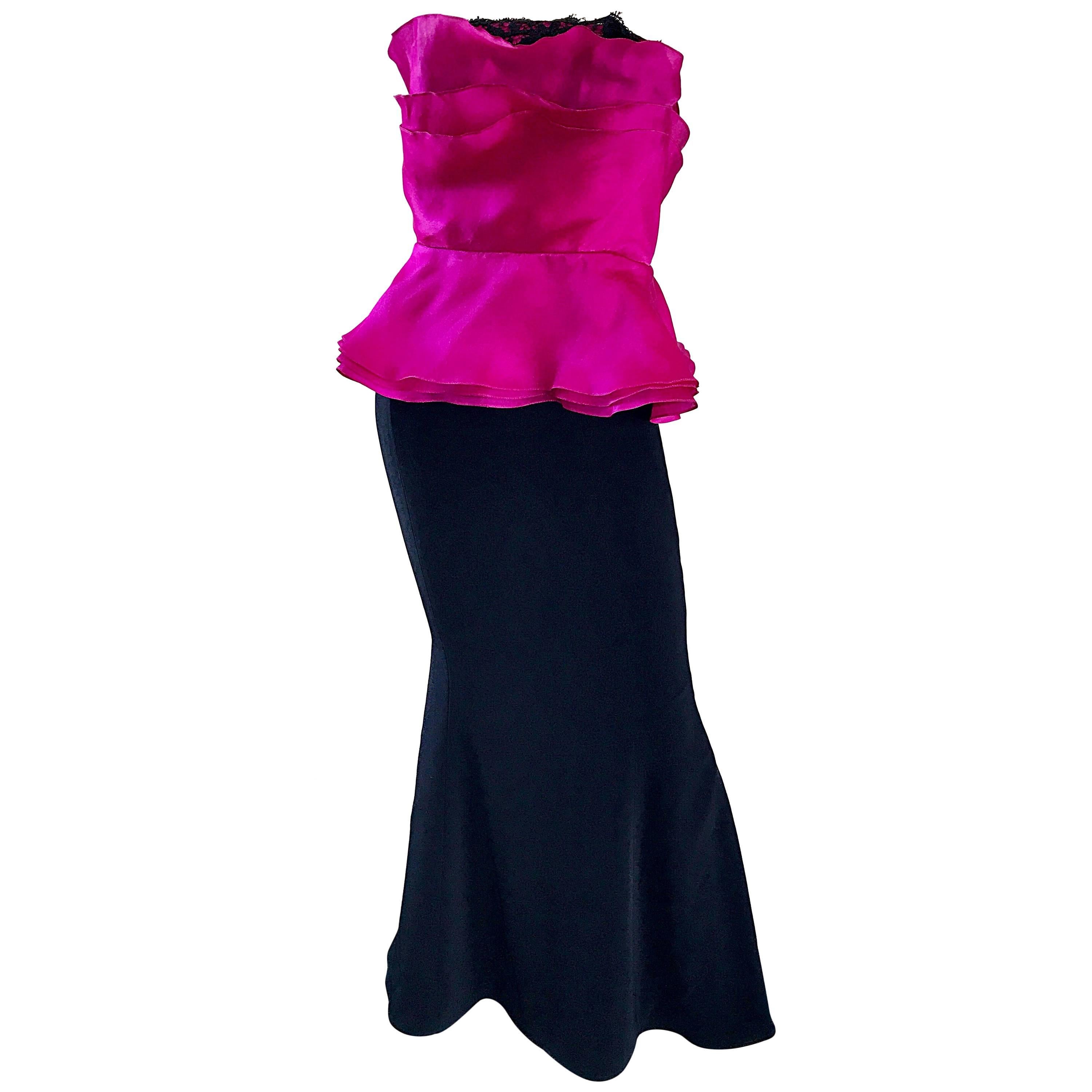 Vintage Wayne Clark Size 12 Hot Pink Fuchsia + Black Silk Strapless 1990s Gown
