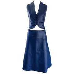 1960s Jean Patou by Karl Lagerfeld Navy Blue Leather Cropped Vest & A Line Skirt