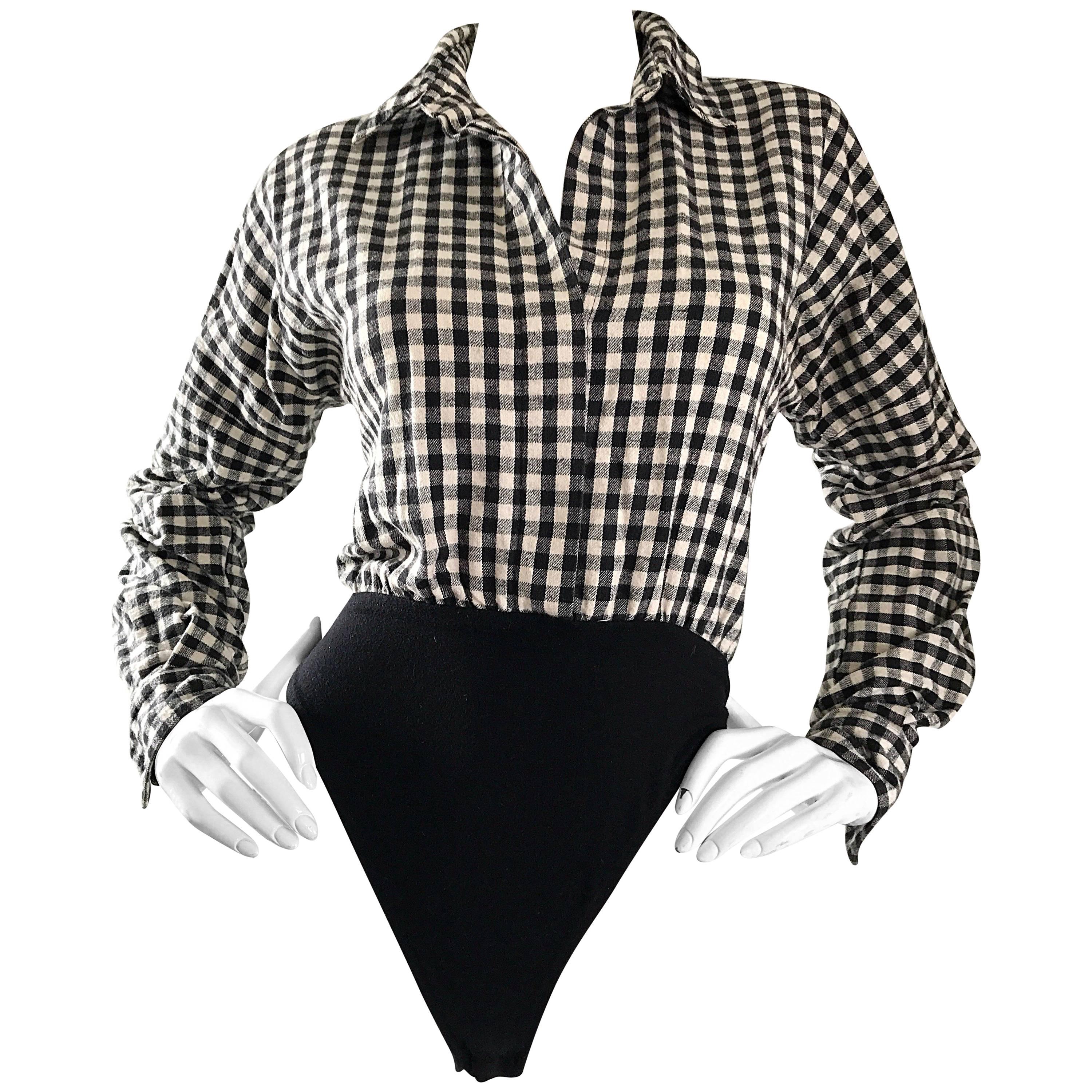 Vintage Norma Kamali 1990s Black and White Checkered Flannel One Piece Bodysuit 